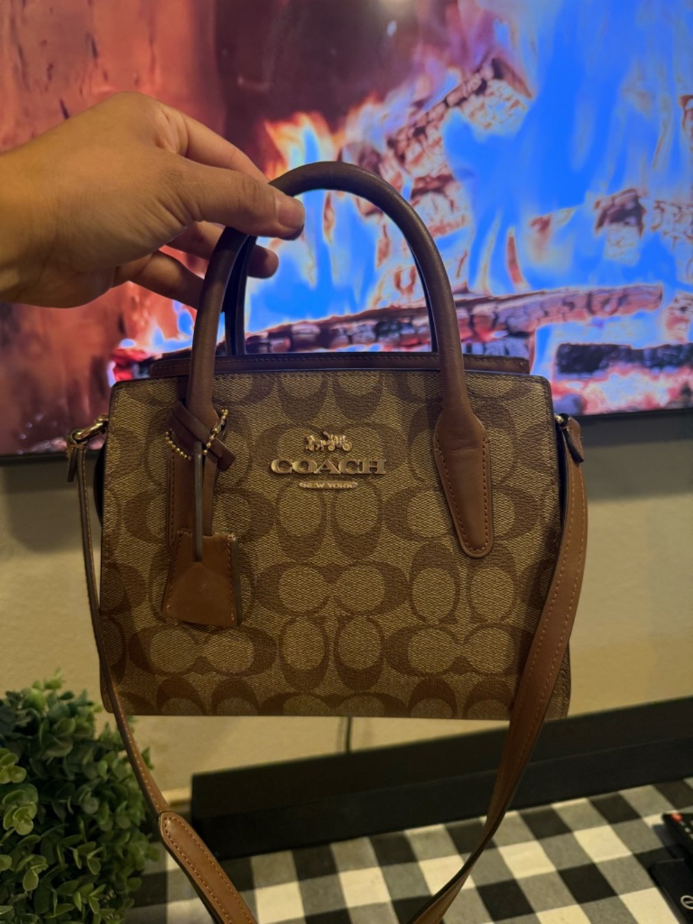 Coach Brown Signature Canvas Satchel with Leather Trim